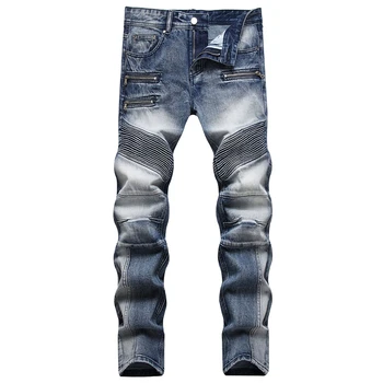 Осень-зима, новые Ретро мужские джинсы в стиле пэчворк, индивидуальные морщины, облегающие брюки, одежда в стиле хип-хоп
