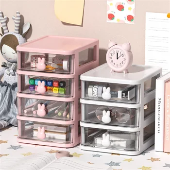 Пластиковый шкаф для хранения Kawaii Rabbit, Двухслойный стол, коробка для хранения косметики, Школьные принадлежности, ювелирные изделия, Канцелярские принадлежности
