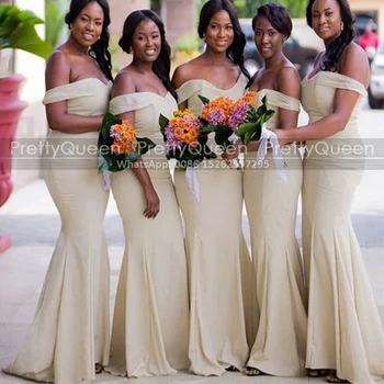 Платья подружек невесты с открытыми плечами цвета шампанского, длинное свадебное платье-футляр 