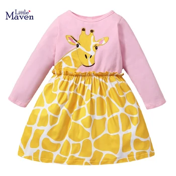 Платья с длинными рукавами для девочек Little maven, элегантное платье для девочки с аппликацией в виде животных, жирафа, вечерние платья, модное детское платье