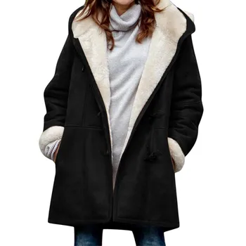 Плюшевые пальто, Женское флисовое пальто с капюшоном, повседневная куртка на пуговицах, Пушистый сплошной цвет, Большие размеры, Свободные Длинные куртки, Дорожное пальто