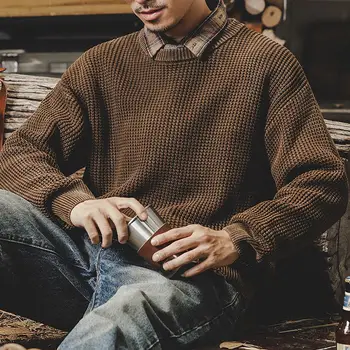 Повседневный свитер Мужские осенние простые трикотажные топы с круглым вырезом и длинными рукавами в стиле ретро, Однотонные вязаные свитера, пуловеры, топы