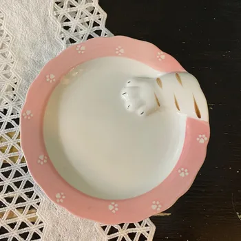 Подглазурная пластина с изображением мультяшного кота, диск с кошачьей лапой, тарелка для завтрака с ручной росписью, тарелка с розовым сердечком для девочки