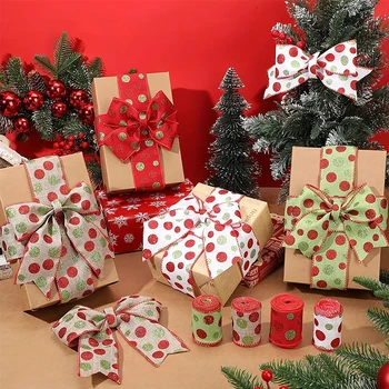 Поделки с бантом, украшение Рождественской елки, Праздничная Подарочная упаковка, Упаковочная лента, Блестящие Проволочные ленты, Рождественские ленты с несколькими точками