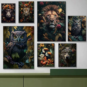 Портреты животных в джунглях с цветами, листьями, Печать плакатов, Картина на холсте, Лев, Сова, Волк, Винтажное настенное искусство, Декор для дома, гостиной