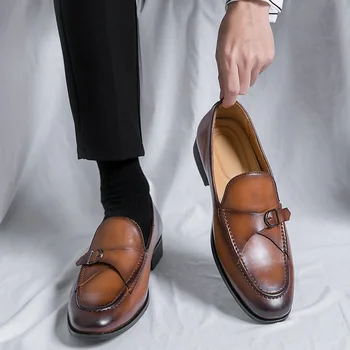 Размер бренда 38 ~ 46, мужские модельные туфли ручной работы с пряжкой, кожаные вечерние свадебные туфли, мужские туфли на плоской подошве, Кожаные оксфорды, официальная обувь