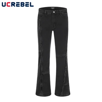 Расклешенные джинсы в стиле хип-хоп с необработанным краем, мужская уличная одежда, джинсовые брюки с выстиранными швами, мужские повседневные брюки