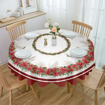 Рождественская круглая скатерть с цветком пуансеттии, Водонепроницаемая крышка для стола для свадебной вечеринки, Рождественская скатерть для обеденного стола