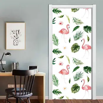 Розовый фламинго дверные наклейки акварельные дверные наклейки с животными листья тропических пальм фрески обои плакаты украшения дома