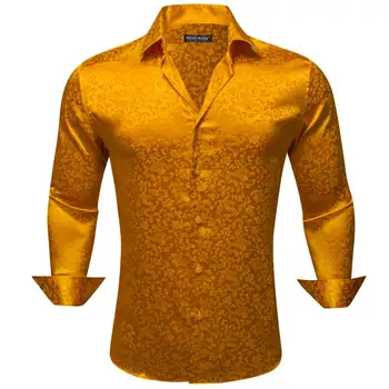Роскошные Рубашки для мужчин, Шелковые Атласные Мужские Блузки с длинным рукавом, вышитые Золотым Цветком, Повседневные топы с лацканами, Дышащие Barry Wang
