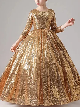 Роскошные расшитые блестками платья с золотыми побрякушками для девочек в цветочек для особых случаев принцессы на заказ