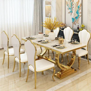 Роскошный кухонный стол с мраморным прямоугольником, Устойчивый позолоченный каркас из нержавеющей стали, обеденный стол и стулья для ужина в отеле