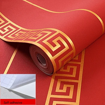 Самоклеящиеся обои с рисунком в греческом ключе, Китайские Геометрические Металлические виниловые обои в рулоне, фон для телевизора в гостиной, Красный, серый