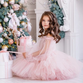 Свадебное платье принцессы из розового тюля с цветочным узором для девочек, круглый вырез, длинный рукав, Праздничное платье для Первого причастия ребенка, платье для вечеринки по случаю Дня рождения