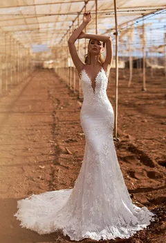 Сексуальное свадебное платье-русалка с V-образным вырезом и кружевной аппликацией, пляжные свадебные платья в стиле бохо с открытой спиной, Vestido De Noiva