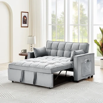 Серый Раскладной диван-кушетка с Выдвижной Кроватью, 55-дюймовый Современный Бархатный Раскладной диван-кровать с Подушками и Боковыми Карманами для гостиной