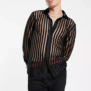 Сетчатые рубашки Мужская одежда Слегка Прозрачная рубашка в вертикальную полоску с длинным рукавом, Сексуальная рубашка на пуговицах, мужской топ, Красивая Клубная вечеринка