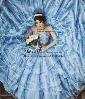 Синие бальные платья, пышные платья с аппликациями из тюля, расшитого бисером, платье Sweet 16 без рукавов, кружевной шлейф, Vestidos De 15 Años