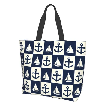 Синяя морская яхта с якорем, парусная лодка, темно-белая винтажная художественная холщовая сумка для женщин, сумка для продуктов на кухне выходного дня