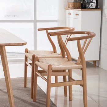 Скандинавские обеденные стулья из массива дерева для столовой, мебельное кресло, Креативный домашний стул с веревочной спинкой от скандинавского дизайнера.