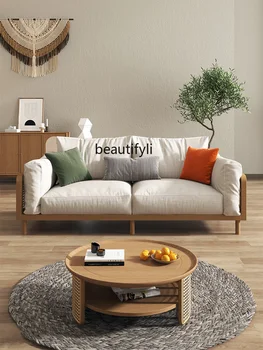 Скандинавский диван из ротанга из массива дерева, двухместный Трехместный диван для гостиной в стиле ретро, тканевый диван для маленькой квартиры