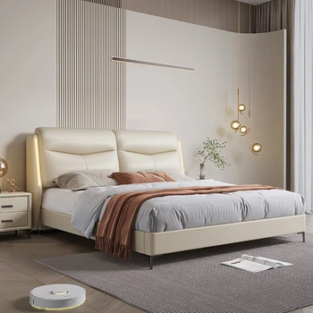 Современная простая светлая роскошная кожаная кровать в главной спальне высококачественная атмосферная кровать Nordic double bed мягкая сумка king bed