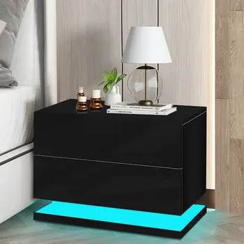Современная тумбочка со светодиодной подсветкой, Глянцевый Прикроватный столик с 2 ящиками, шкаф для спальни, черная тумбочка