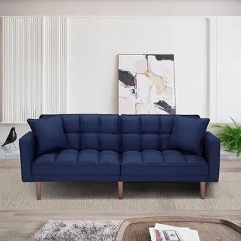 Современный диван-футон Tuft, Раскладывающийся Диван-кровать Loveseat, Раскладывающийся Диван-кровать Twin Size с Подлокотниками и 2 Подушками для Гостиной, Синий 3