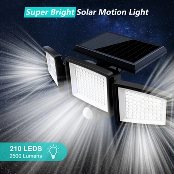 Солнечные наружные фонари 2500LM, 210 светодиодных охранных фонарей с дистанционным управлением, 3 головки, датчик движения, широкоугольный прожектор под углом 270 °.