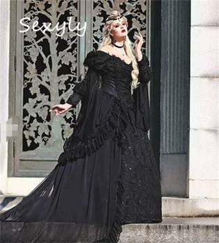 Средневековое Черное Готическое свадебное платье 2023 Ренессанс С открытыми плечами, Кружевные оборки, Викторианские свадебные платья, костюм невесты-суеты