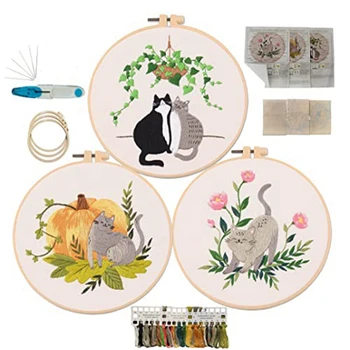 Стартовый набор для вышивания из 3 упаковок, высокое качество для начинающих, хобби для женщин и взрослых, поделки с кошками и растениями.
