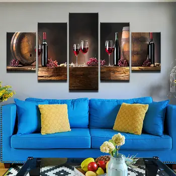 Стеклянная бутылка вина, Виноградные бочки, отпечатки на холсте, Настенное искусство, Картины для домашнего декора, плакат, декор комнаты без рамок, 5 панелей