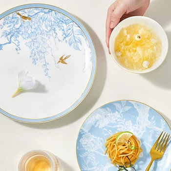 Тарелки из роскошного костяного фарфора в китайском стиле Тарелки для продвинутой посуды Подарки Голубая Домашняя кухня Керамические Тарелки для стейка, салата, Миски для супа