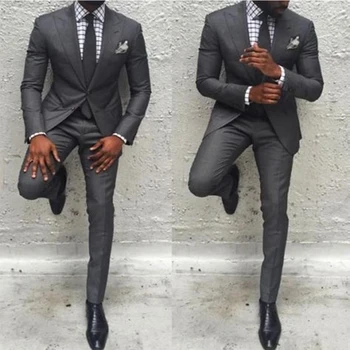 Темно-серый цвет, 2 шт., деловые мужские костюмы с воротником-стойкой, свадебные смокинги (пиджак + брюки), Сшитый на заказ мужской костюм, комплект одежды по индивидуальному заказу