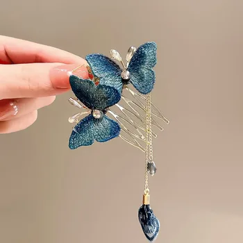 Темно-синяя заколка-расческа с бабочкой, древняя китайская шпилька для женщин, дизайнерские заколки для волос с кисточками в виде листьев бамбука, инструмент для укладки волос