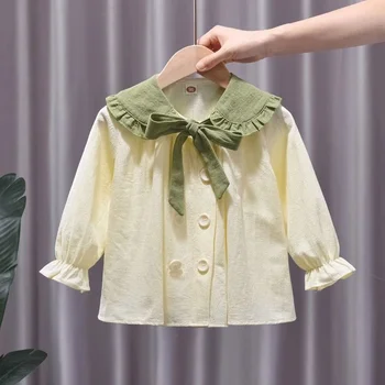 Топ с лацканами для девочек, новинка сезона 2023, весенне-осенняя рубашка с длинными рукавами и бантом, детская повседневная рубашка в цветную гамму