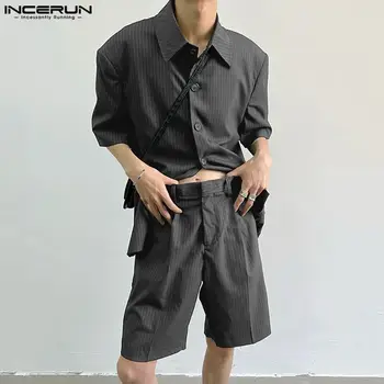 Топы INCERUN 2023, Корейский стиль, Mes, полосатый наплечник, Рубашки с короткими рукавами, Шорты, Повседневные модные мужские комплекты из двух предметов, S-5XL