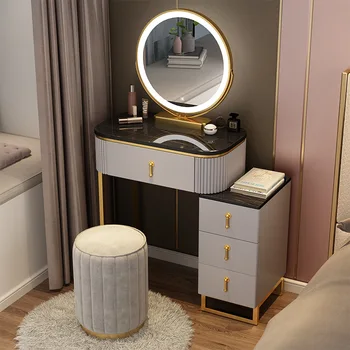 Туалетный столик с каменной панелью с зеркалом и табуреткой, современный минимализм, Многофункциональный туалетный столик для спальни, Шкафчики, мебель для спальни