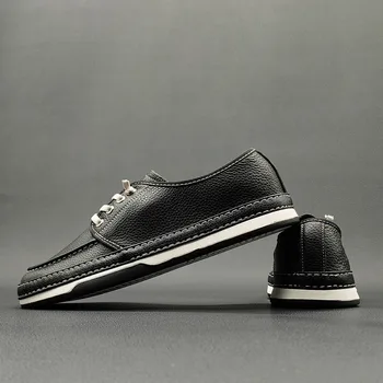 Удобная мужская обувь из натуральной воловьей кожи черного цвета на плоской подошве, простая и удобная кожаная обувь