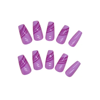 Фиолетовые линии квадратных накладных ногтей, тонкое искусственное украшение для ногтей с полным покрытием, сделанное своими руками в домашних условиях