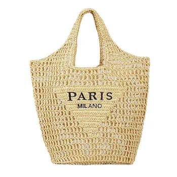 Фирменная соломенная сумочка с буквами бренда для женщин, Полая большая сумка-тоут, Летняя пляжная сумка-ведро, Женская модная сумка через плечо, сумка для покупок подмышками