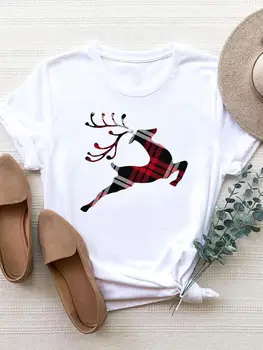 Футболка, рождественская одежда, женская новогодняя мода, тренд 90-х, милый топ с принтом оленя, футболки с коротким рукавом и базовым рисунком