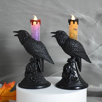 Хэллоуин Ворон со светодиодной свечой, реалистичная статуя Черного Ворона, светящийся подсвечник для домашнего декора дома с привидениями, украшение настольной лампы