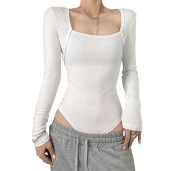 Цельная женская футболка с квадратным вырезом и длинным рукавом, стрейч с плоским плечом, приталенный крой