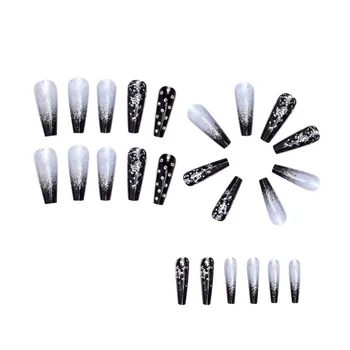 Черная Градиентная Аппликация Бриллиантовые накладные ногти Длинные кончики для ногтей в форме Гроба Съемный Пресс на ногти Блестящие Бриллиантовые ногти