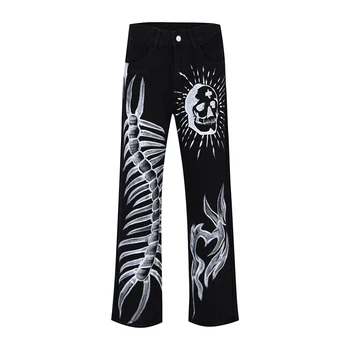 Черные джинсовые брюки с граффити Y2K Skull Bone, мужские прямые мешковатые грузы в стиле хип-хоп, негабаритные свободные повседневные джинсовые брюки