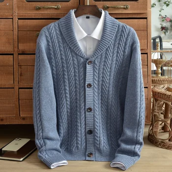 Чистый кашемировый свитер среднего возраста, мужской кардиган, утепленная зимняя одежда, куртка свободного кроя, жаккардовый вязаный свитер с лацканами