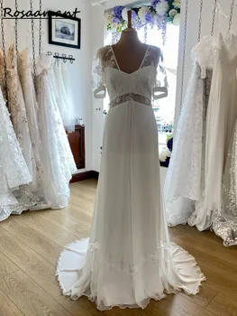 Шифоновое свадебное платье в стиле бохо с V-образным вырезом 2023, короткие рукава, длина до пола, Свадебное платье без спинки Robe De Marie на заказ