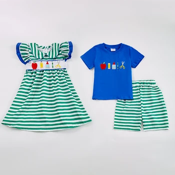 Эксклюзивная летняя одежда Girlymax Back To School Для маленьких девочек, бутик одежды для братьев и сестер для мальчиков, платье в полоску, комплект шорт