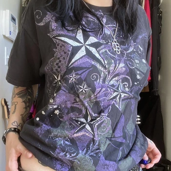 Японская футболка Kawaii 00s в стиле Ретро для фигуриста Y2K Grunge Cyber Goth Tee, Винтажные Топы с изображением Черепа и Коротким рукавом, Женская Уличная одежда